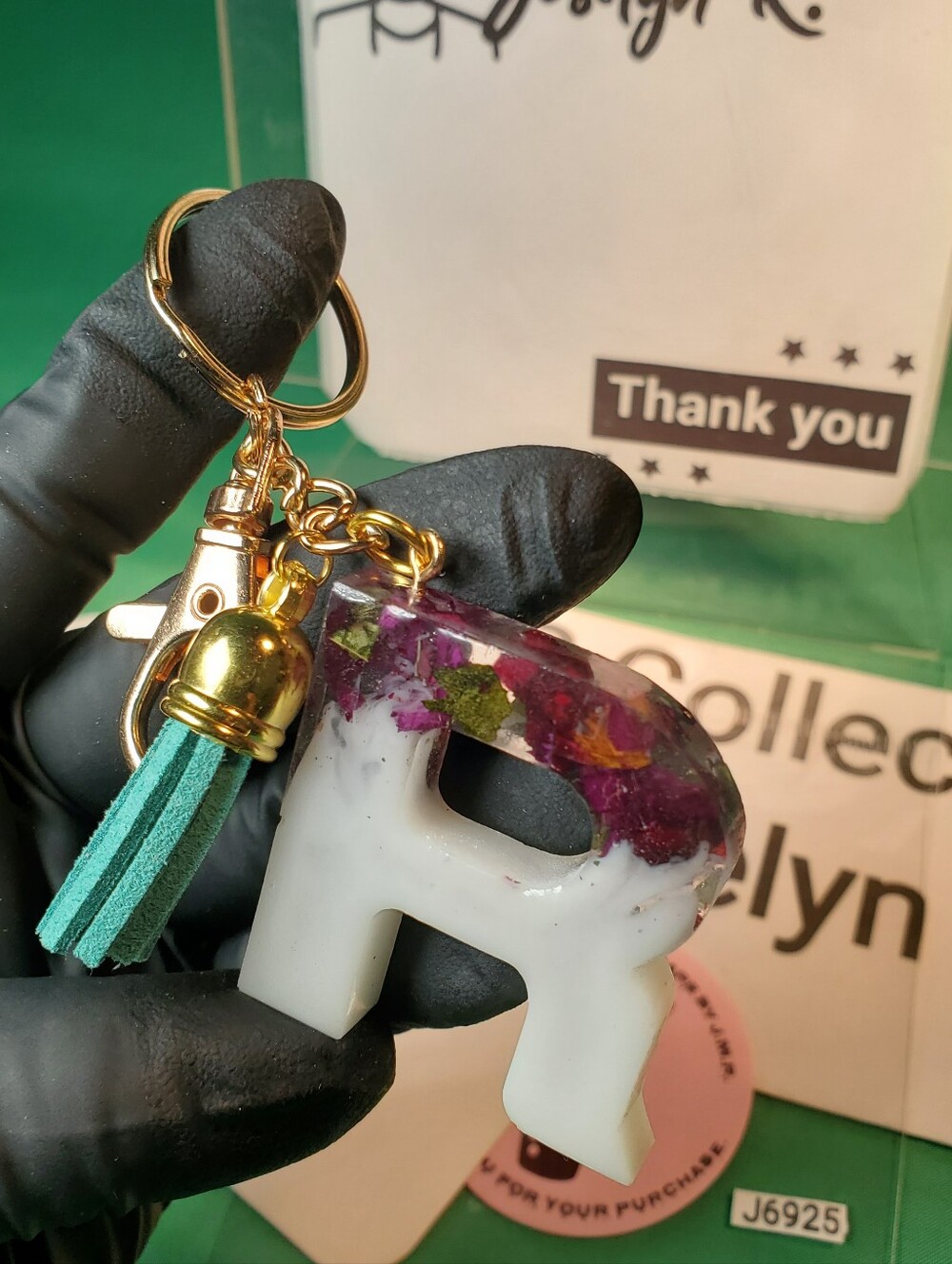 Handmade Resin Initial "R" Keychain with Real Preserved Rose Petals